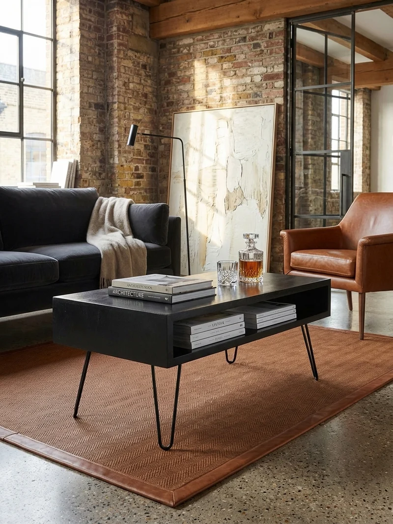 Couchtisch Mango Massivholz Metall 100x50x40cm mit Stauraum und Haarnadelbeinen