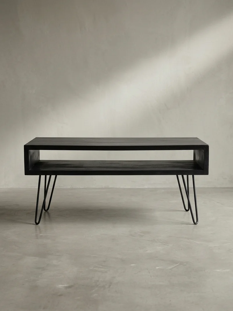 Couchtisch Mango Massivholz Metall 100x50x40cm mit Stauraum und Haarnadelbeinen
