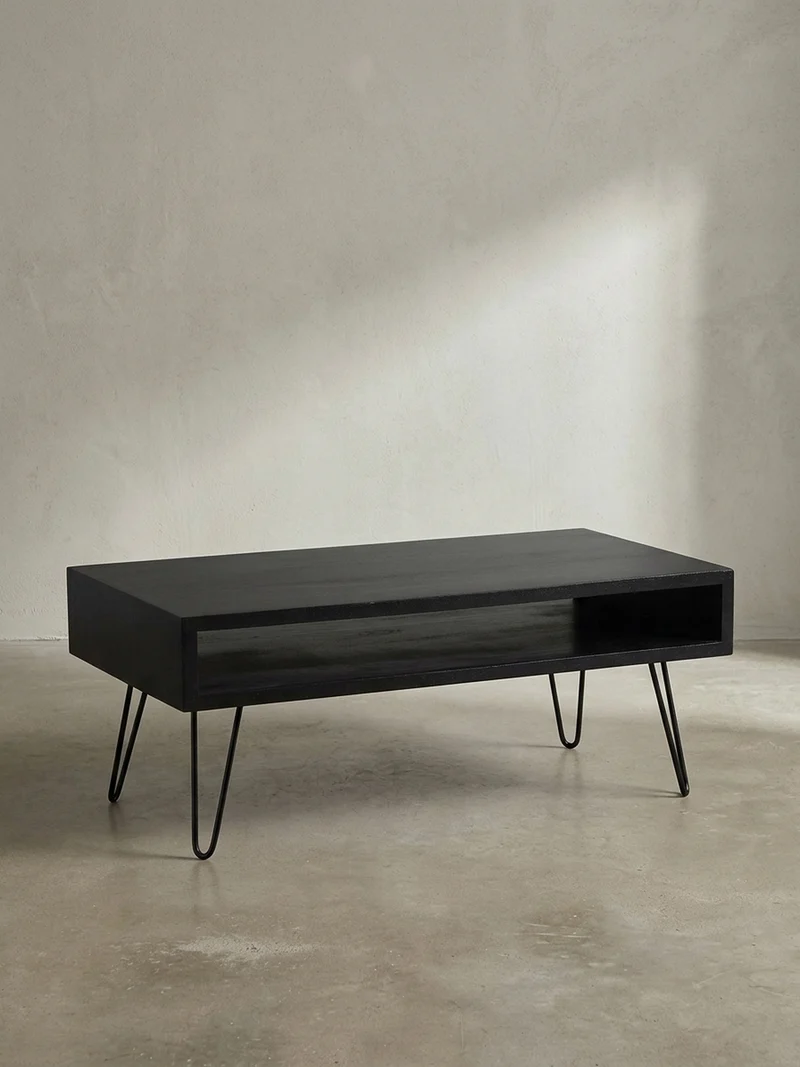 Couchtisch Mango Massivholz Metall 100x50x40cm mit Stauraum und Haarnadelbeinen