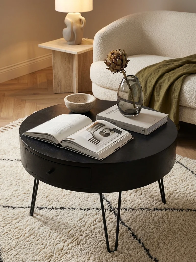 Couchtisch Rund Mango Massivholz Metall, 60x60x43 cm, mit Schublade, Stauraum und Haarnadelbeinen