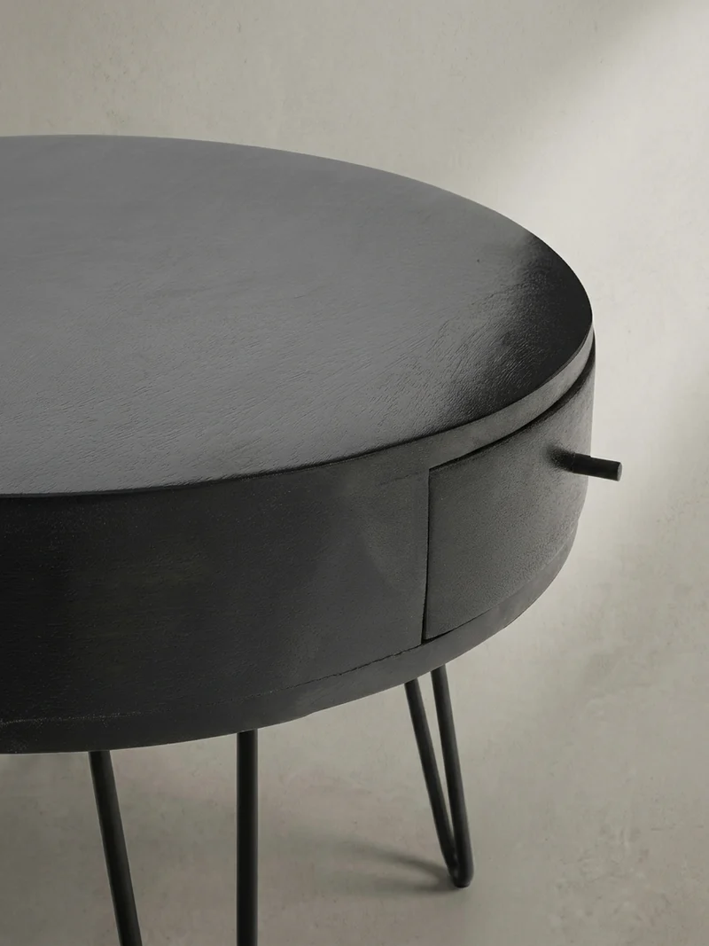 Couchtisch Rund Mango Massivholz Metall, 60x60x43 cm, mit Schublade, Stauraum und Haarnadelbeinen