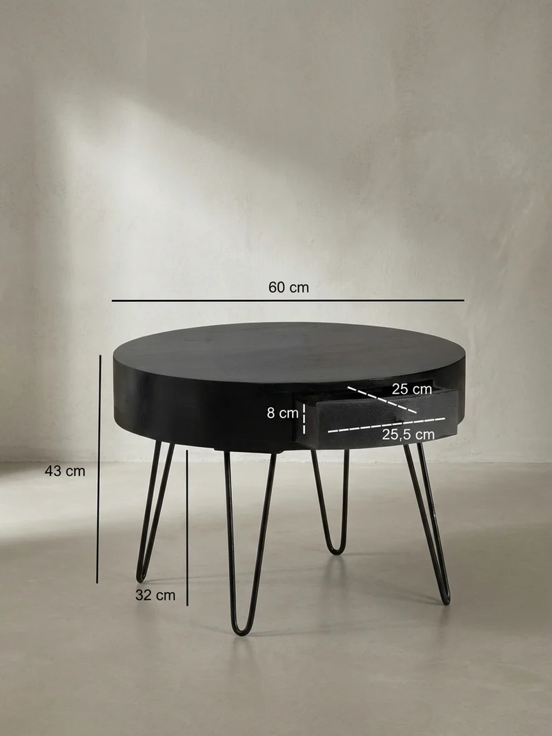 Couchtisch Rund Mango Massivholz Metall, 60x60x43 cm, mit Schublade, Stauraum und Haarnadelbeinen