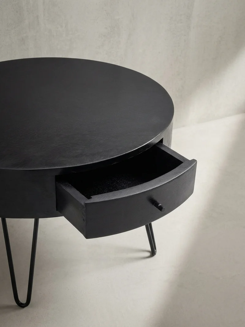 Couchtisch Rund Mango Massivholz Metall, 60x60x43 cm, mit Schublade, Stauraum und Haarnadelbeinen