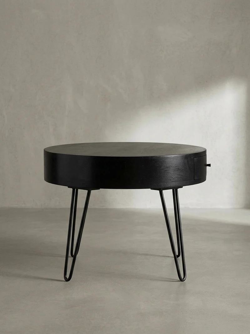 Couchtisch Rund Mango Massivholz Metall, 60x60x43 cm, mit Schublade, Stauraum und Haarnadelbeinen