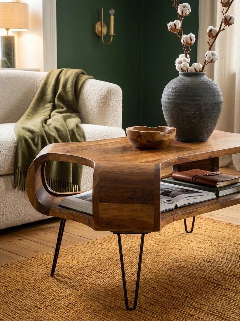 Couchtisch Rechteckig in Massivholz und Metall 100x60x47cm mit Stauraum und Haarnadelbeinen