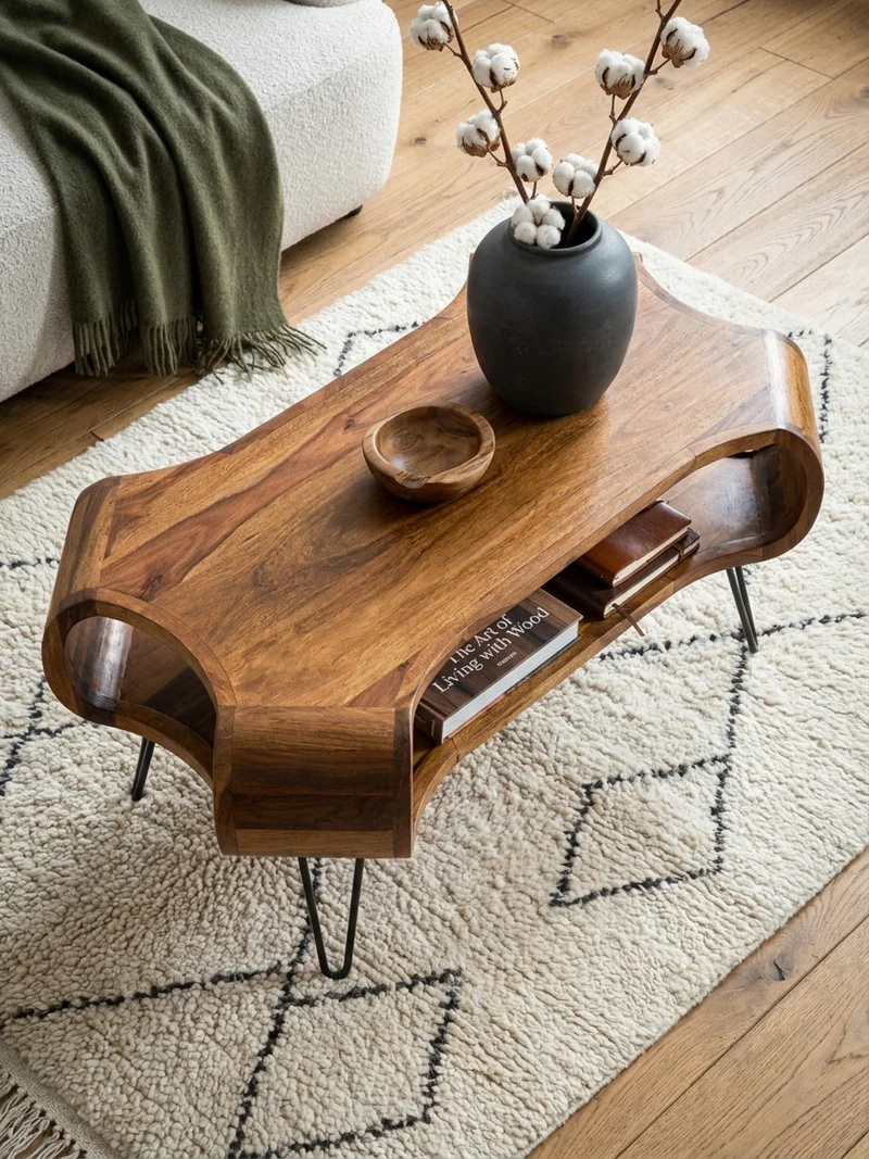 Couchtisch Rechteckig in Massivholz und Metall 100x60x47cm mit Stauraum und Haarnadelbeinen