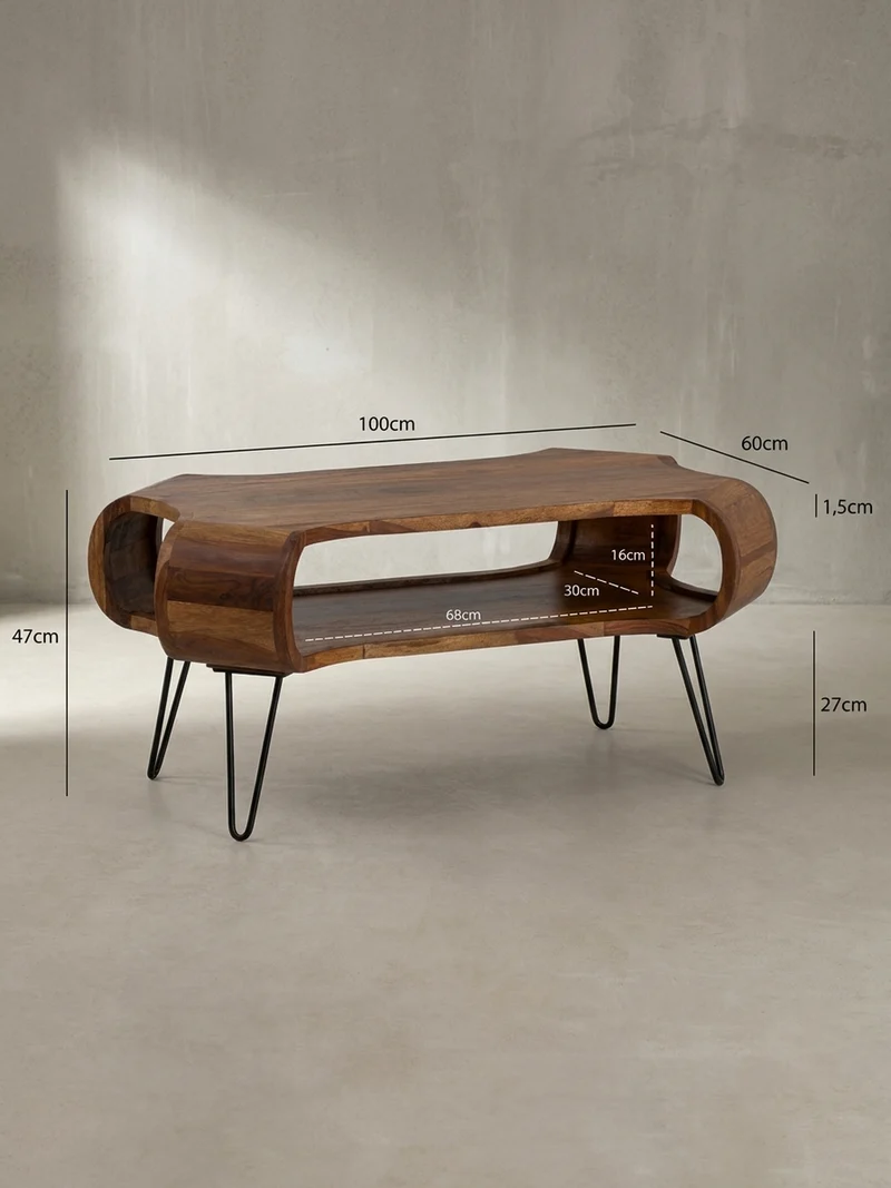 Couchtisch Rechteckig in Massivholz und Metall 100x60x47cm mit Stauraum und Haarnadelbeinen