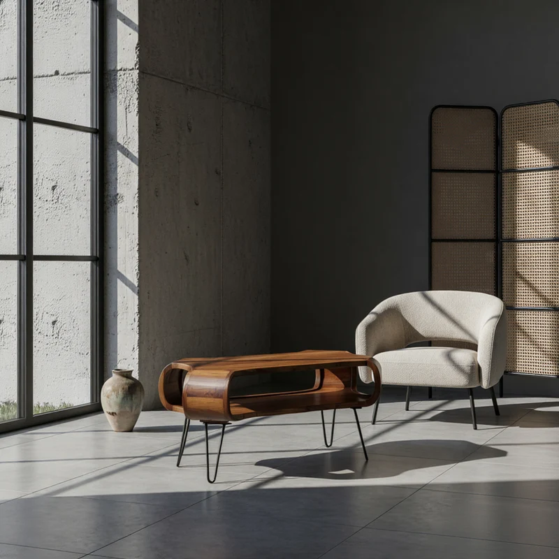 Couchtisch Rechteckig in Massivholz und Metall 100x60x47cm mit Stauraum und Haarnadelbeinen