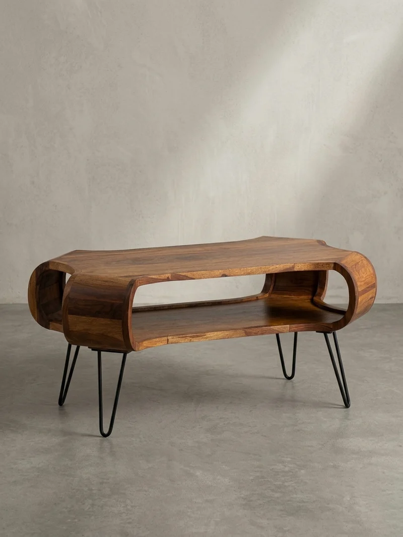 Couchtisch Rechteckig in Massivholz und Metall 100x60x47cm mit Stauraum und Haarnadelbeinen