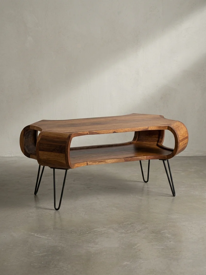 Couchtisch Rechteckig in Massivholz und Metall 100x60x47cm mit Stauraum und Haarnadelbeinen