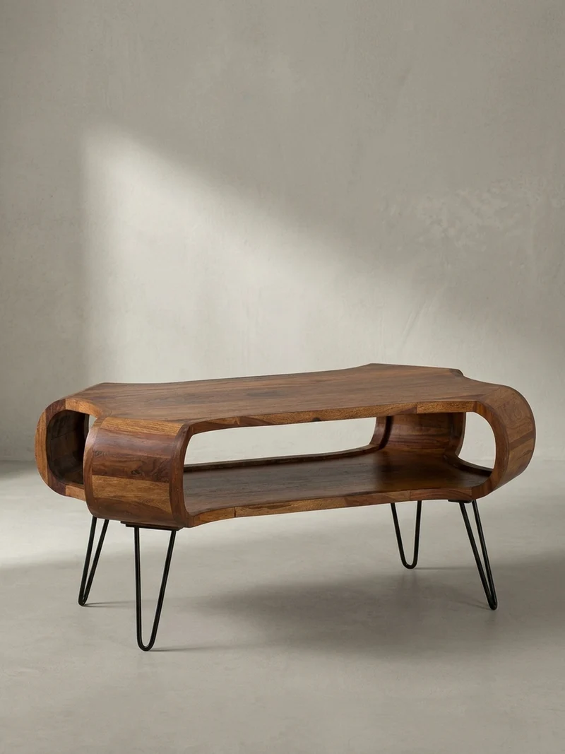 Couchtisch Rechteckig in Massivholz und Metall 100x60x47cm mit Stauraum und Haarnadelbeinen