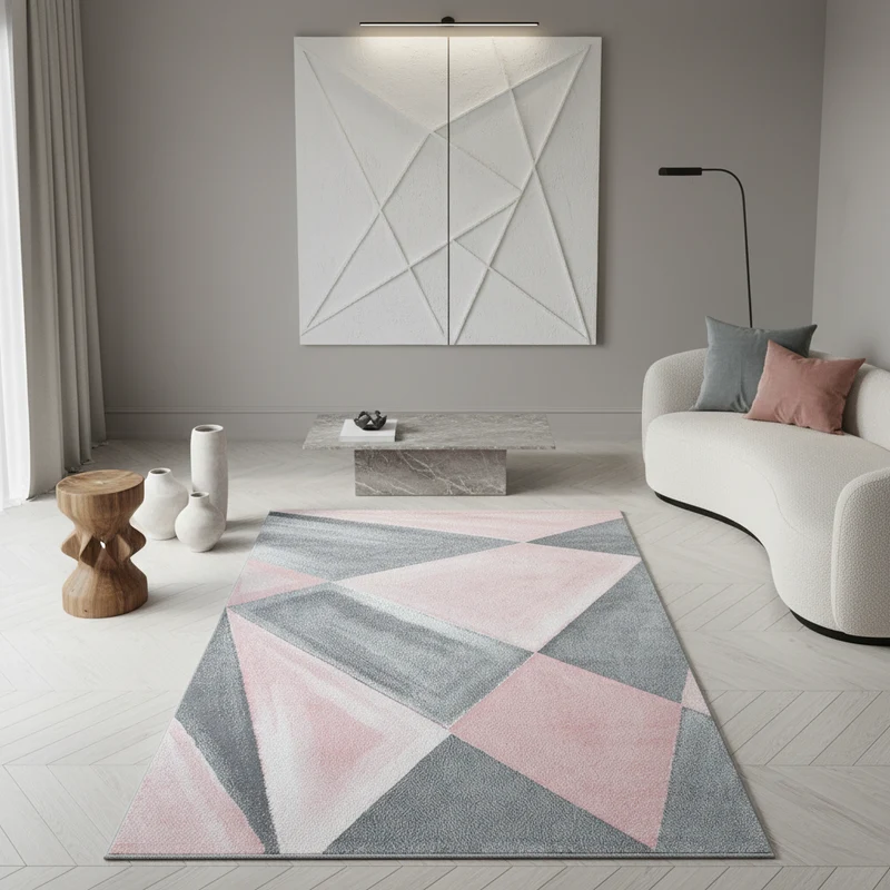 Kurzflor-Teppich Facetten-Muster – Waschbar | Geometrisches Prisma-Design | Saugroboter-geeignet