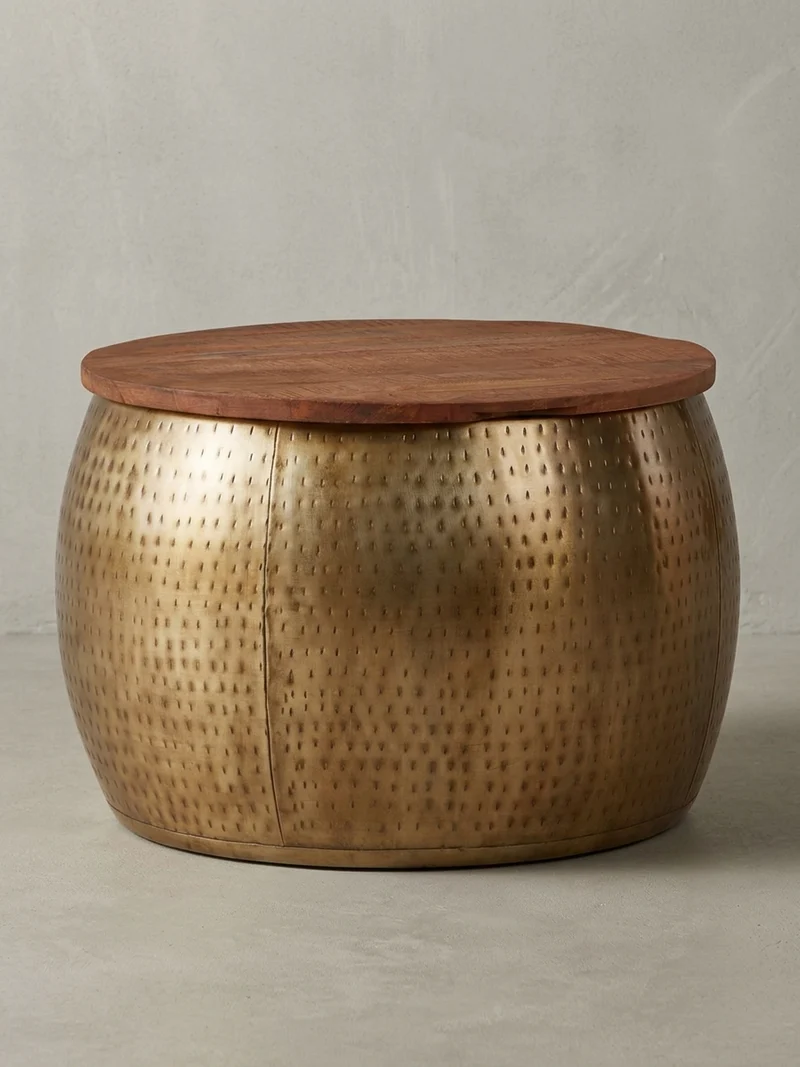 Couchtisch Massivholz Braun Gold, Modernes Design, Stauraum, Modell Aurora