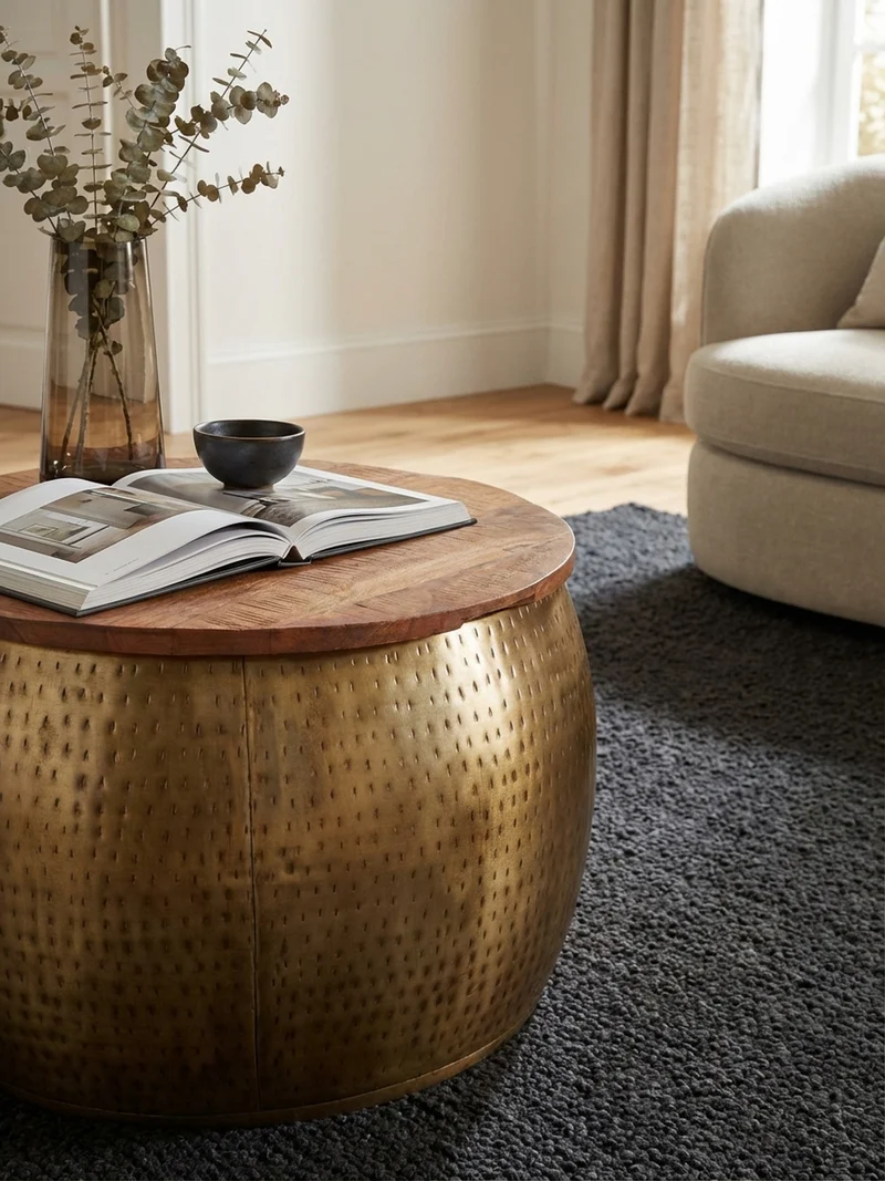 Couchtisch Massivholz Braun Gold, Modernes Design, Stauraum, Modell Aurora