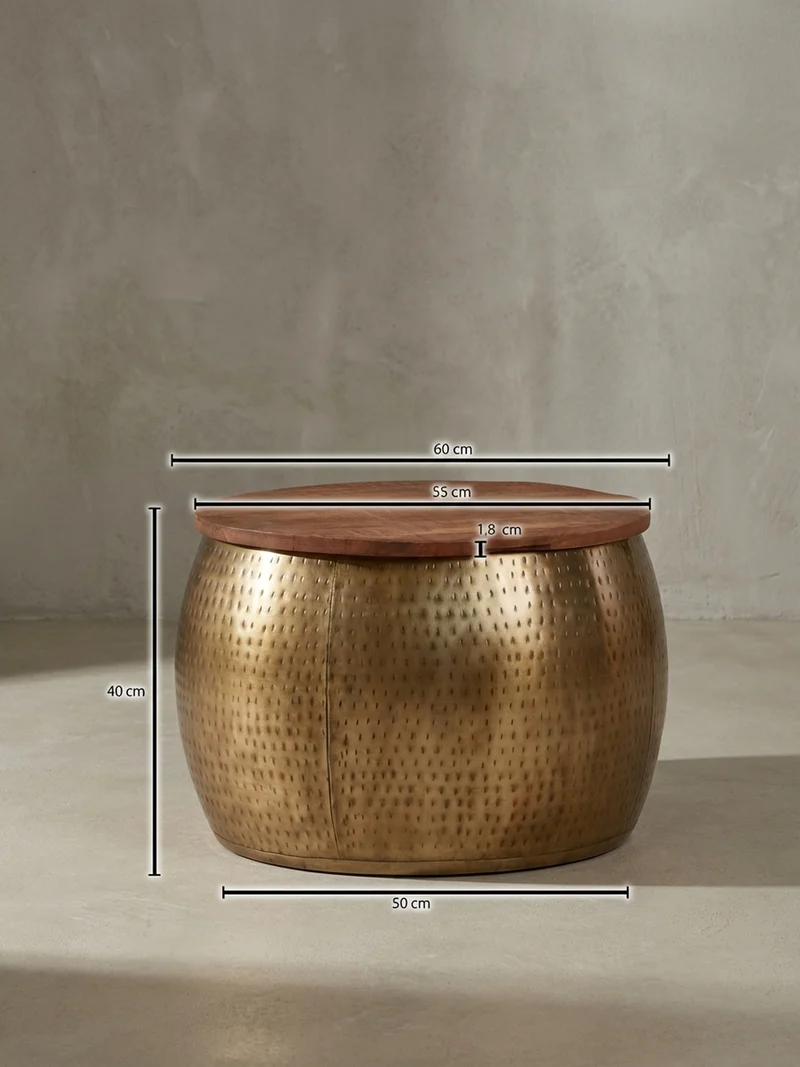Couchtisch Massivholz Braun Gold, Modernes Design, Stauraum, Modell Aurora