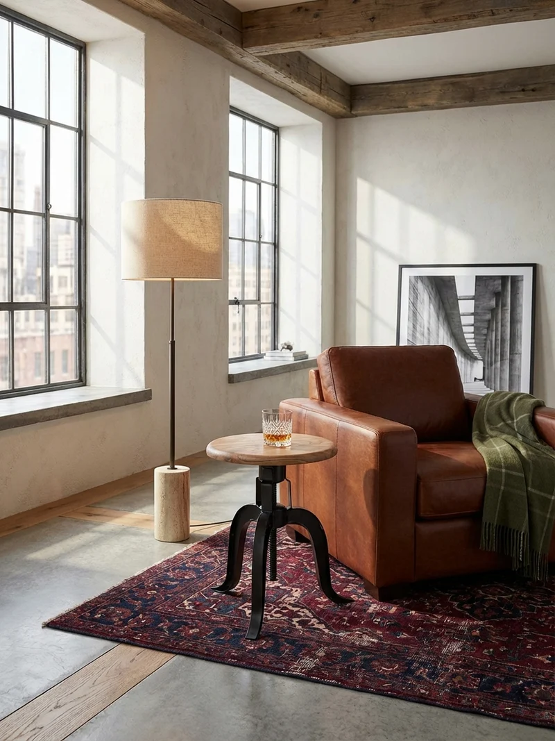 Drehhocker – Akazie Massivholz/Eisen, höhenverstellbar, Industrial-Stil