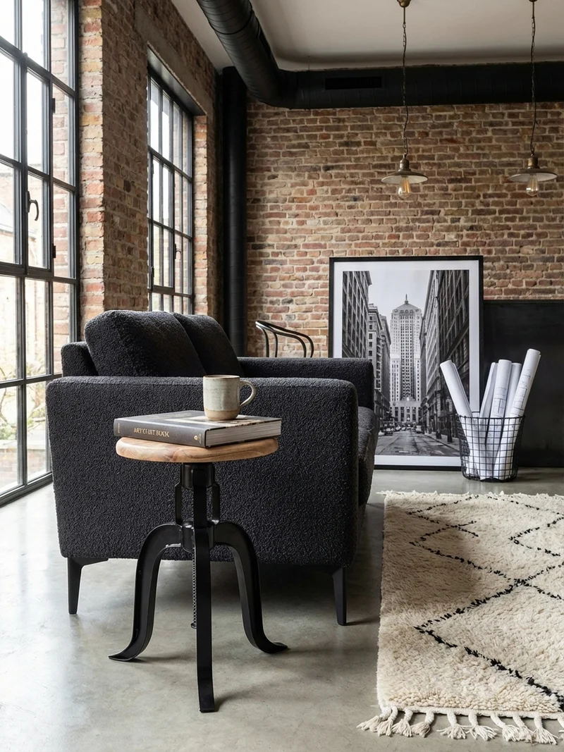 Drehhocker – Akazie Massivholz/Eisen, höhenverstellbar, Industrial-Stil