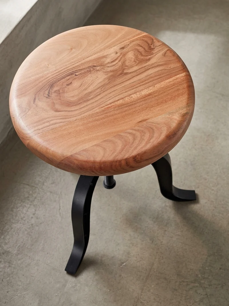 Drehhocker – Akazie Massivholz/Eisen, höhenverstellbar, Industrial-Stil