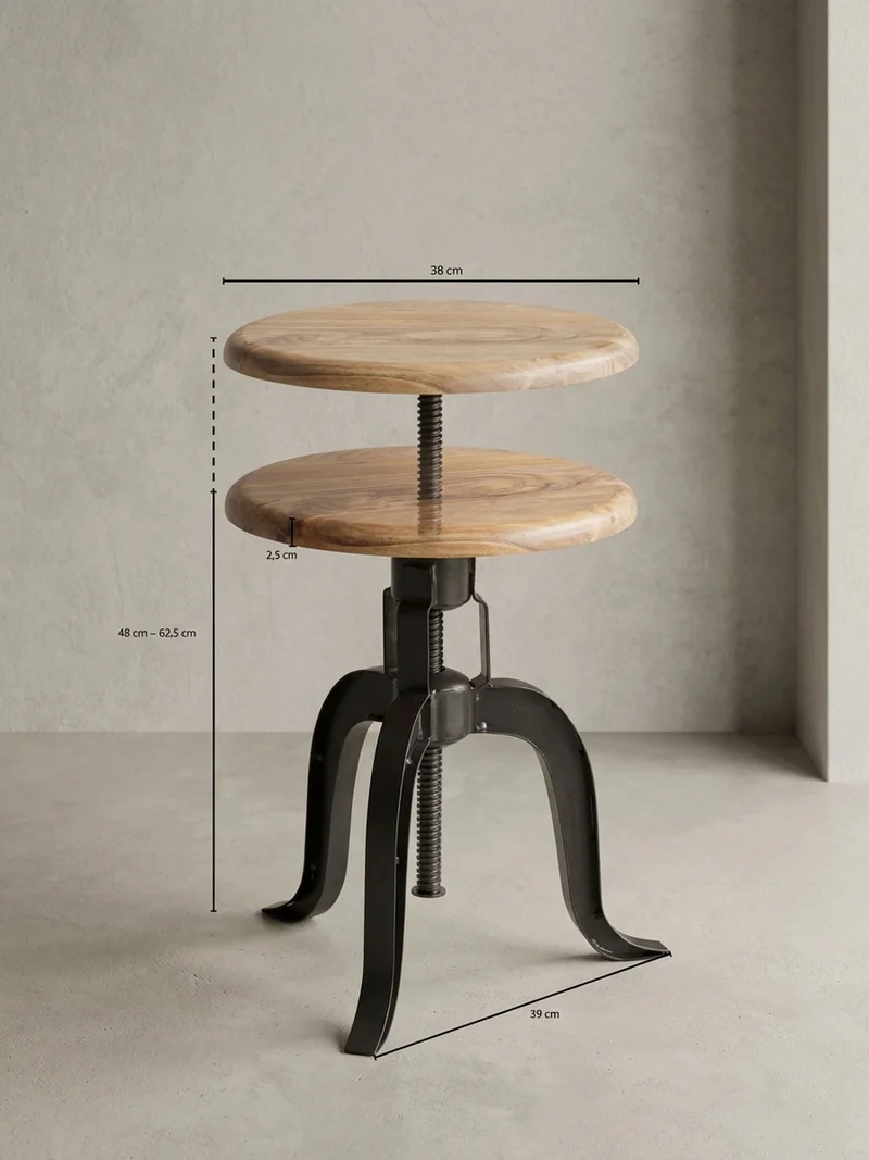 Drehhocker – Akazie Massivholz/Eisen, höhenverstellbar, Industrial-Stil