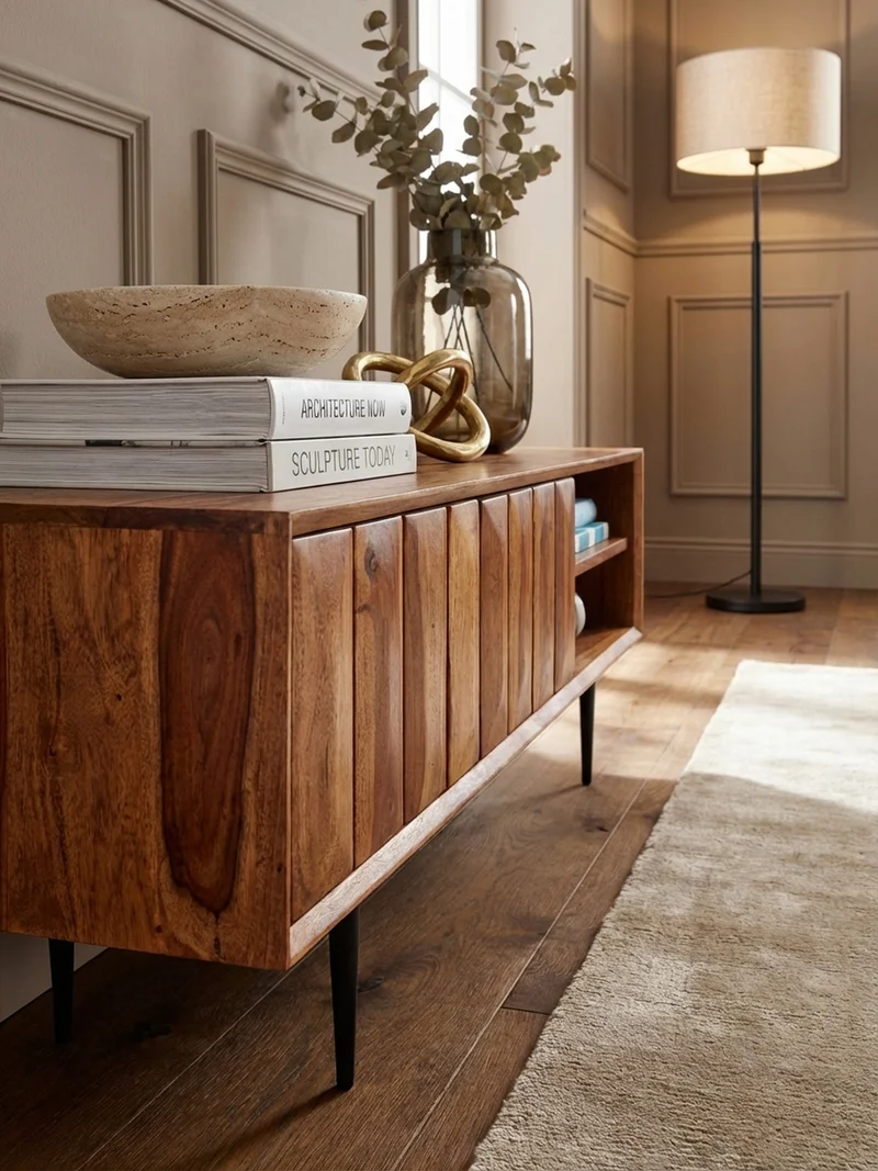 Lowboard Massivholz Modern Stil für 55-Zoll Fernseher Push-to-Open mit Edelstahlbeinen