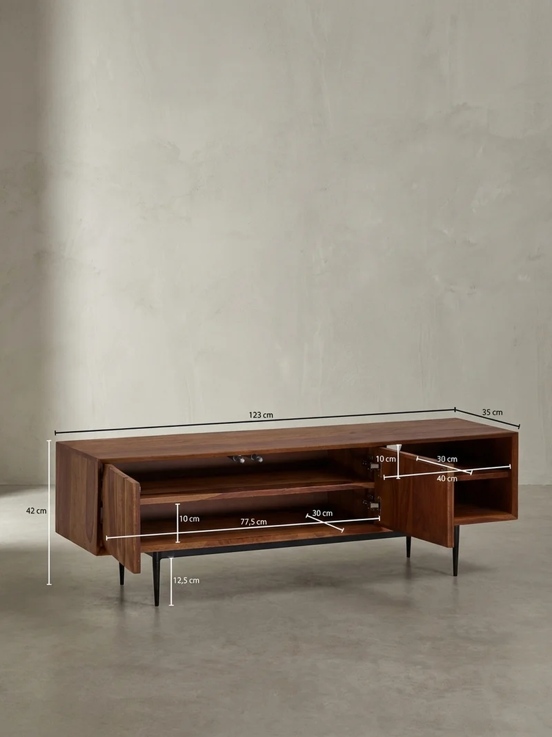 Lowboard Massivholz Modern Stil für 55-Zoll Fernseher Push-to-Open mit Edelstahlbeinen