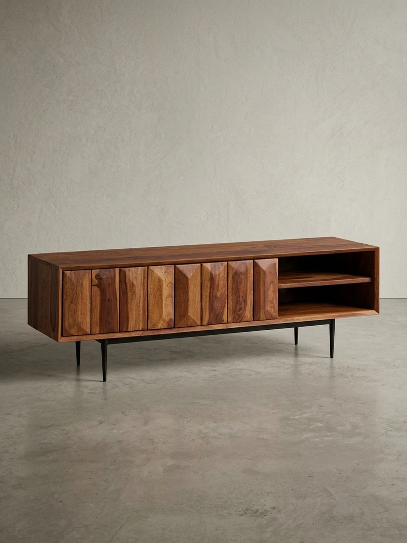 Lowboard Massivholz Modern Stil für 55-Zoll Fernseher Push-to-Open mit Edelstahlbeinen