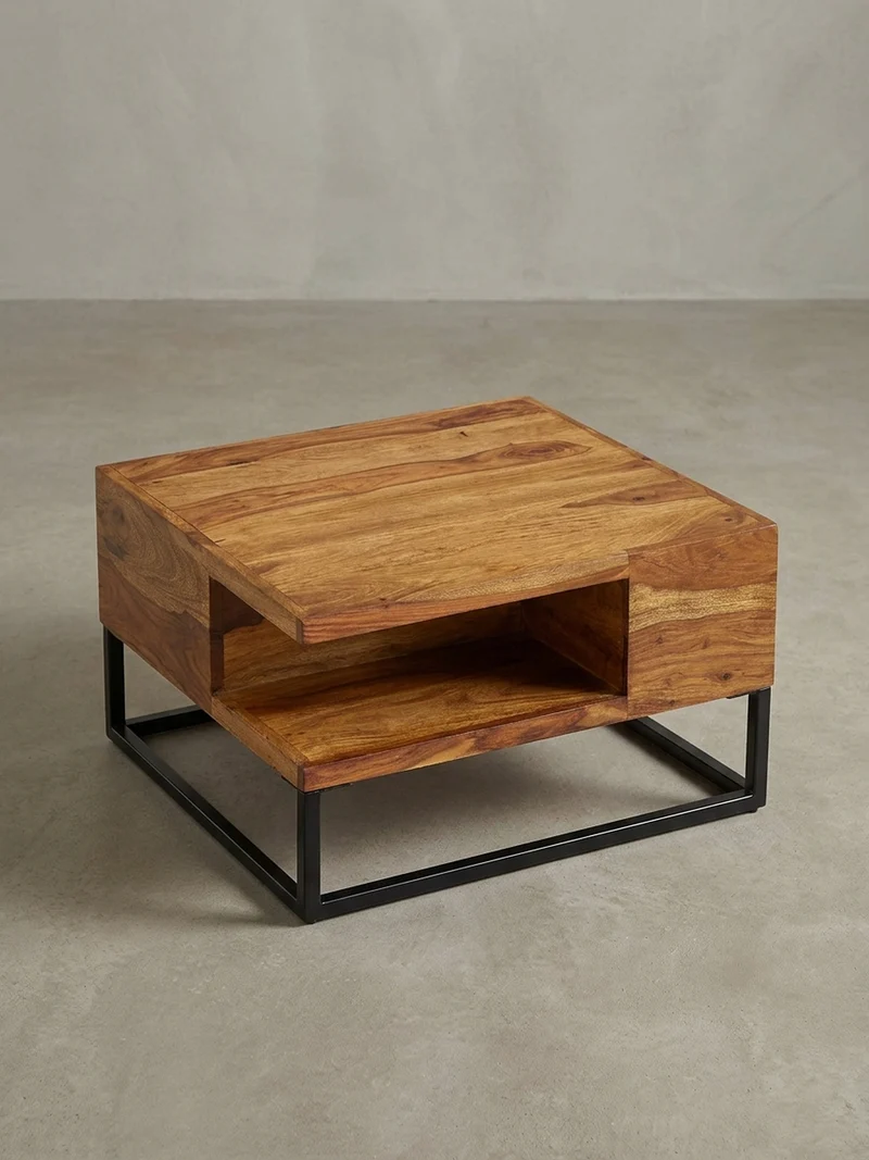 Couchtisch in Sheeshamholz mit Staufach, 60x60x34,5 cm, Industrial-Design
