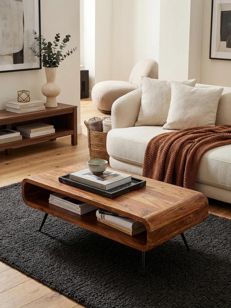 Wohnzimmertisch Massivholz Sheesham, Modernes Design mit Staufach