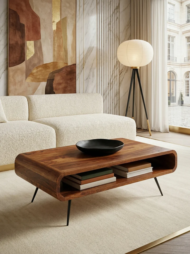 Wohnzimmertisch Massivholz Sheesham, Modernes Design mit Staufach