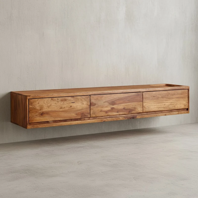 Lowboard Massivholz Modern Stil Hängend für 65-Zoll Fernseher mit 3 Schubladen