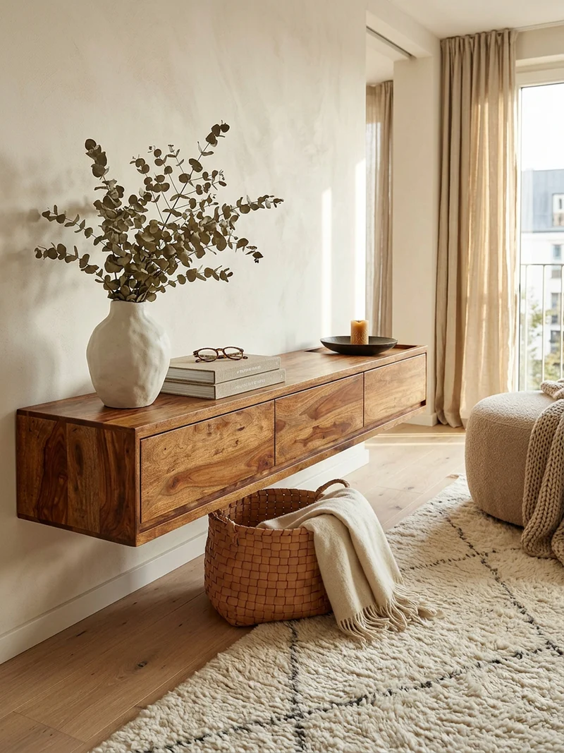 Lowboard Massivholz Modern Stil Hängend für 65-Zoll Fernseher mit 3 Schubladen