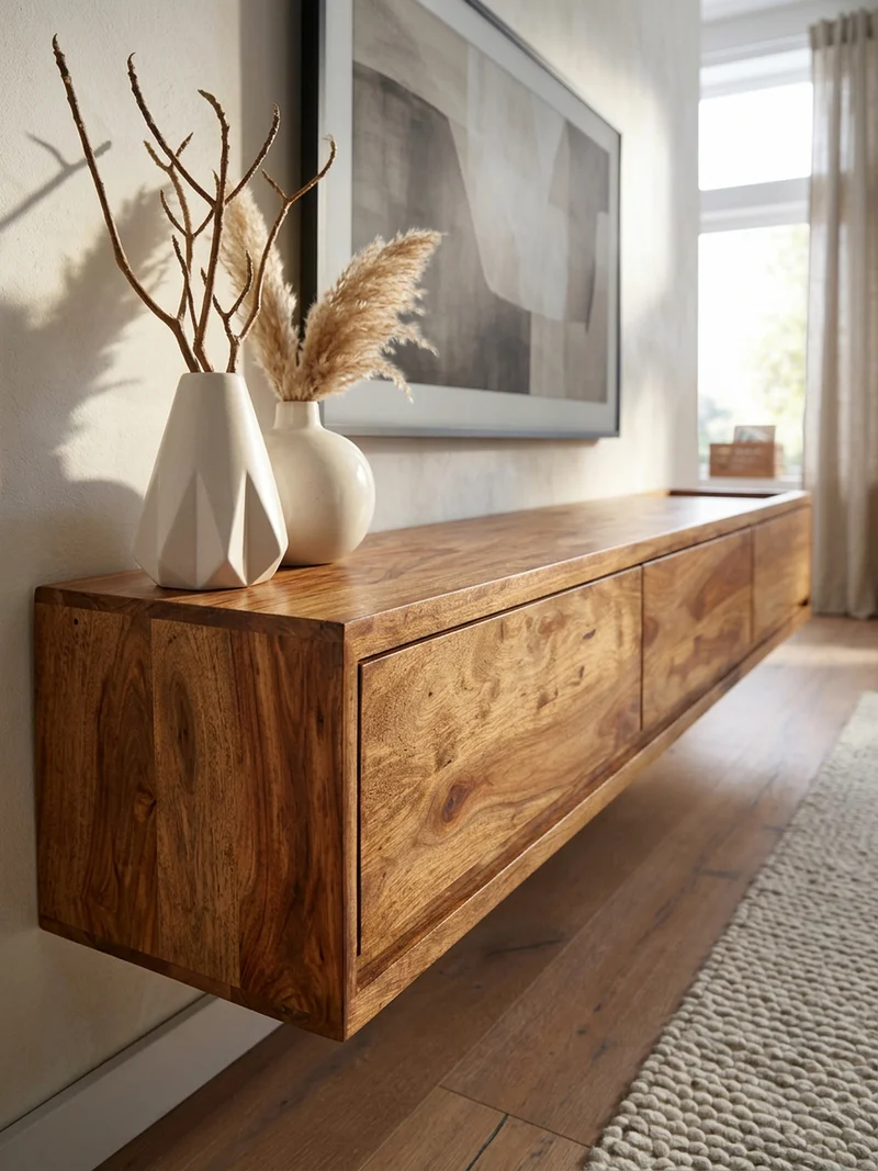 Lowboard Massivholz Modern Stil Hängend für 65-Zoll Fernseher mit 3 Schubladen