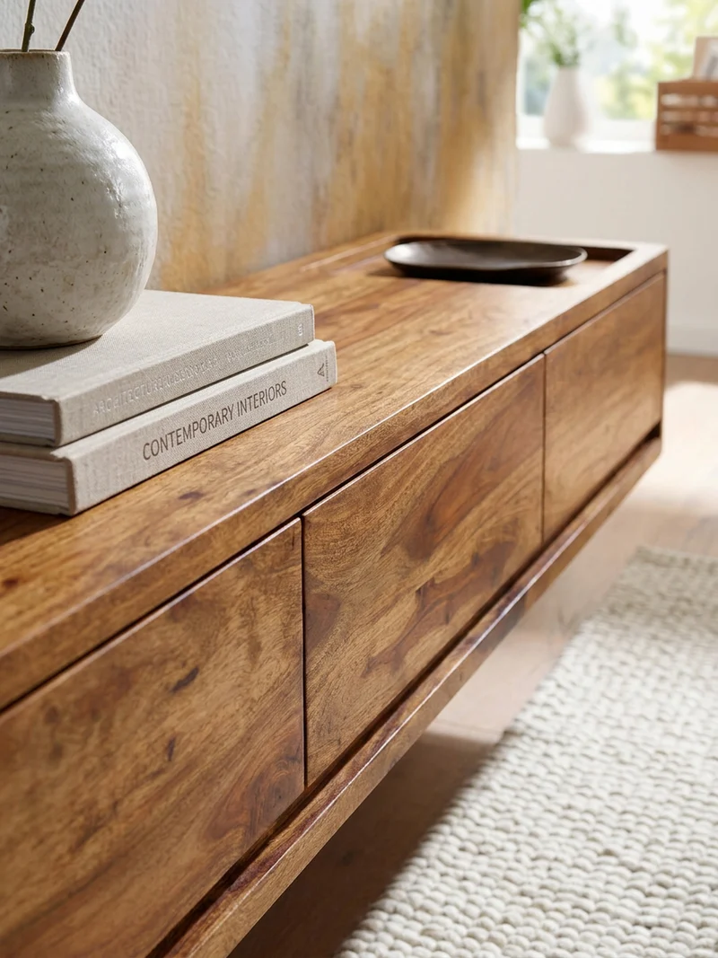 Lowboard Massivholz Modern Stil Hängend für 65-Zoll Fernseher mit 3 Schubladen