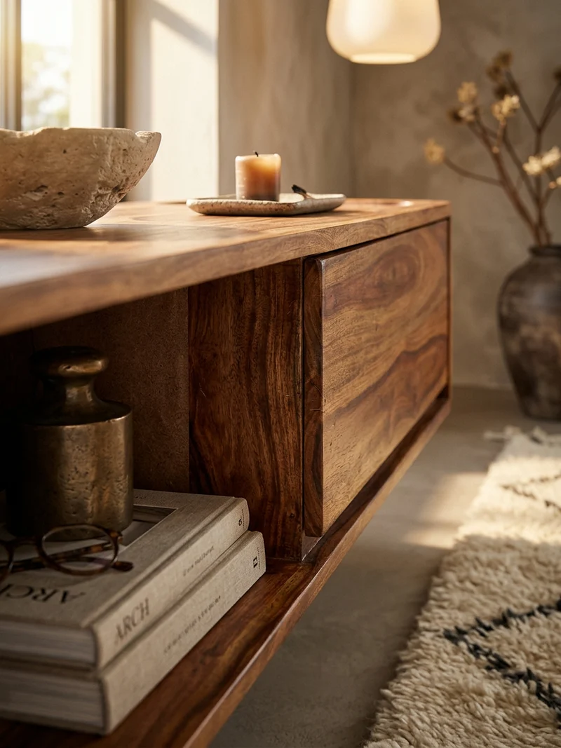 Lowboard Massivholz Modern Stil für Fernseher bis 50 Zoll mit Schublade und offenem Fach