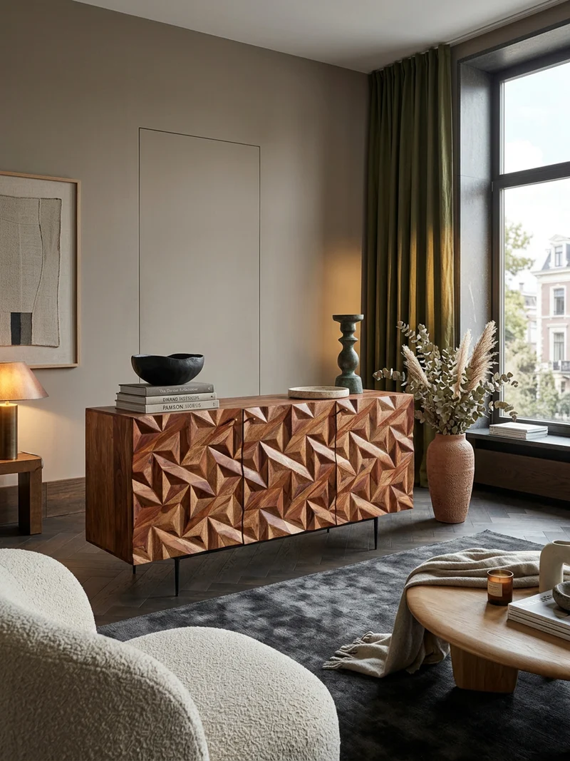 Sideboard – "Metallux", Massivholz, braun, 3D-Oberfläche, modern