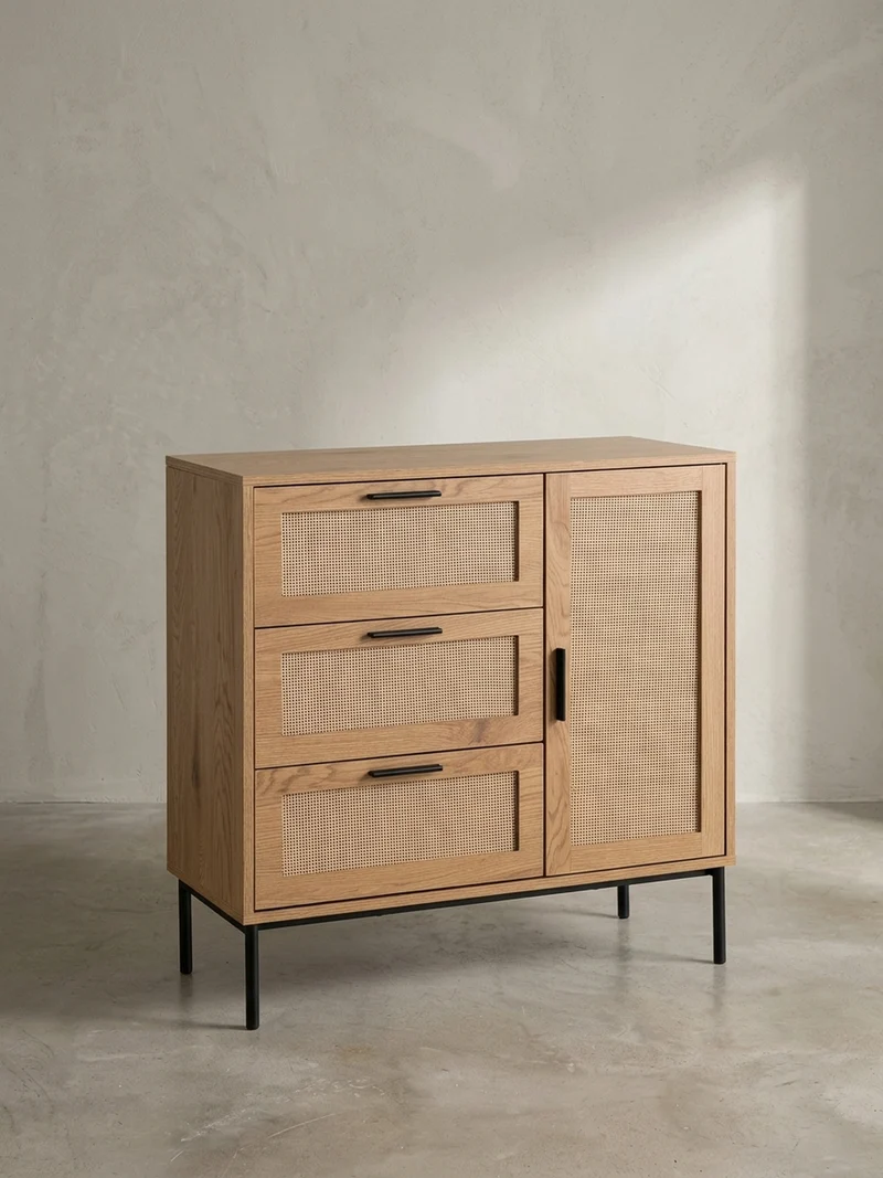 Kommode – Eiche-Dekor/Rattan, 80x82x36 cm, 3 Schubladen, 1 Tür, modern