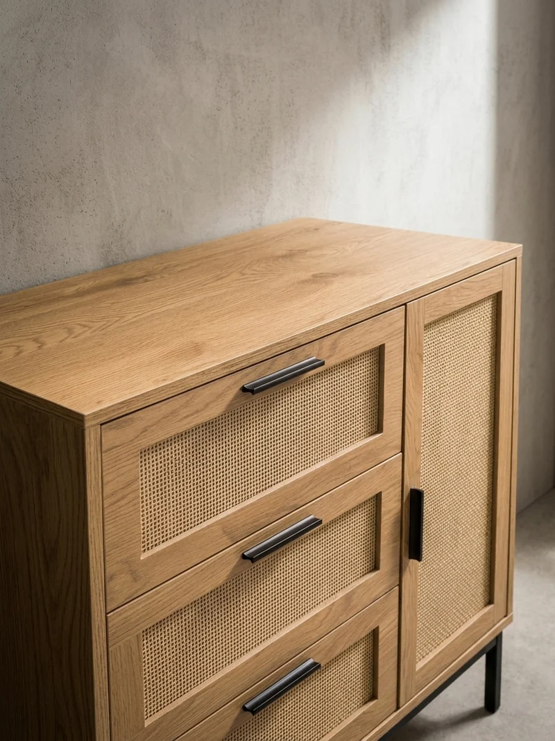 Kommode – Eiche-Dekor/Rattan, 80x82x36 cm, 3 Schubladen, 1 Tür, modern