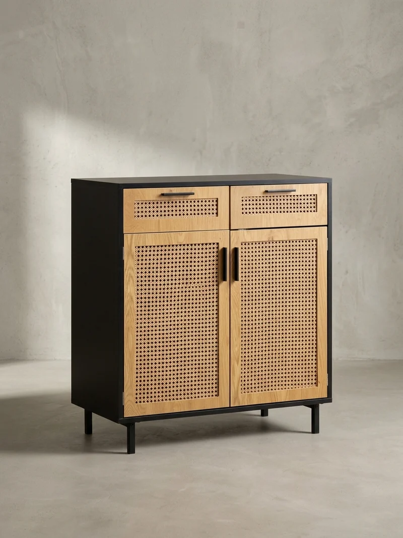 Sideboard – Schwarz, 80x86,5x40 cm, mit Wiener Geflecht, 2 Türen, Schubladen, hoch