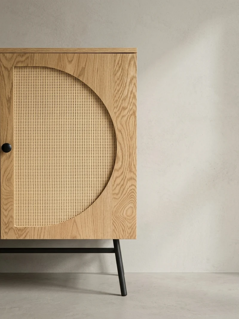 Sideboard – Eiche-Dekor/Rattan, 140x80x39 cm, 3 Türen, hoch