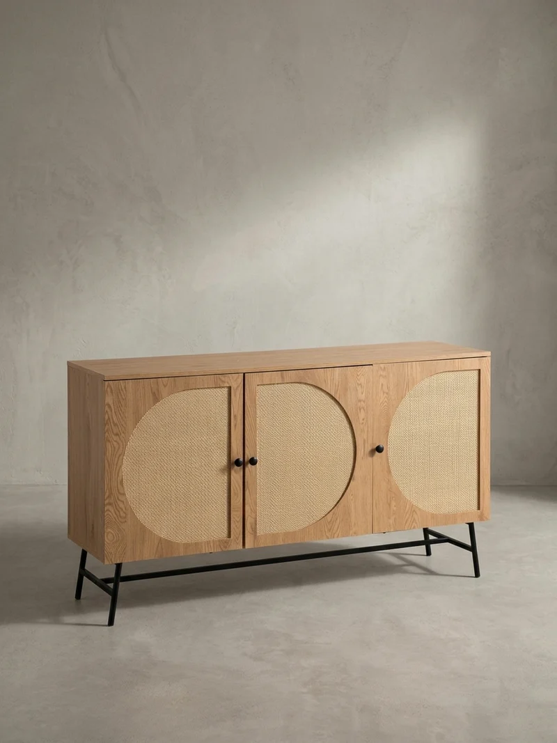 Sideboard – Eiche-Dekor/Rattan, 140x80x39 cm, 3 Türen, hoch