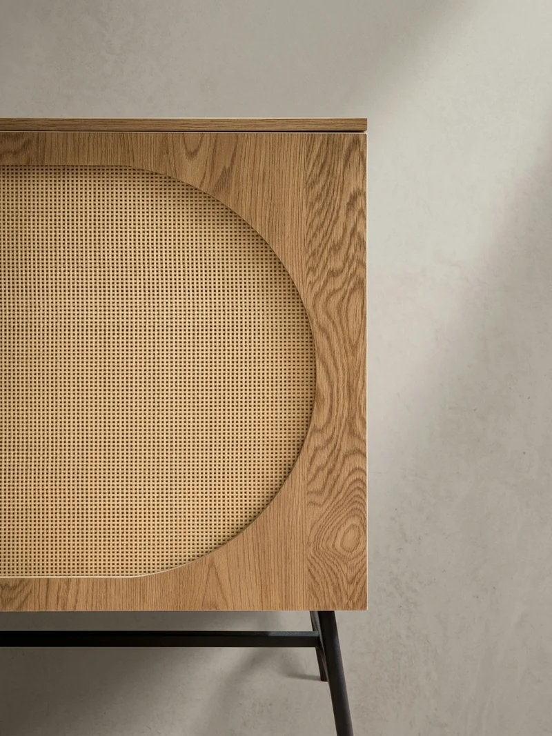 Sideboard – Eiche-Dekor/Rattan, 140x80x40 cm, 2 Türen, 3 Schubladen, hoch