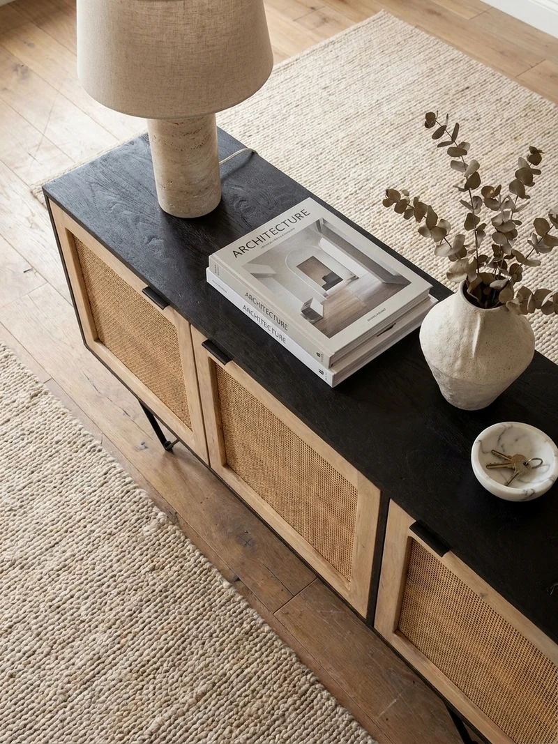 Sideboard – Mango Massivholz/Rattan, 175x75x45 cm, 3 Türen, schwarz/braun