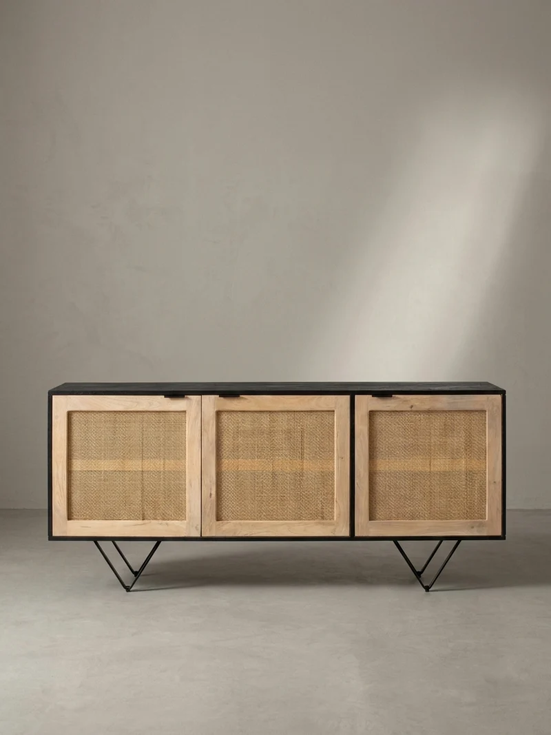 Sideboard – Mango Massivholz/Rattan, 175x75x45 cm, 3 Türen, schwarz/braun