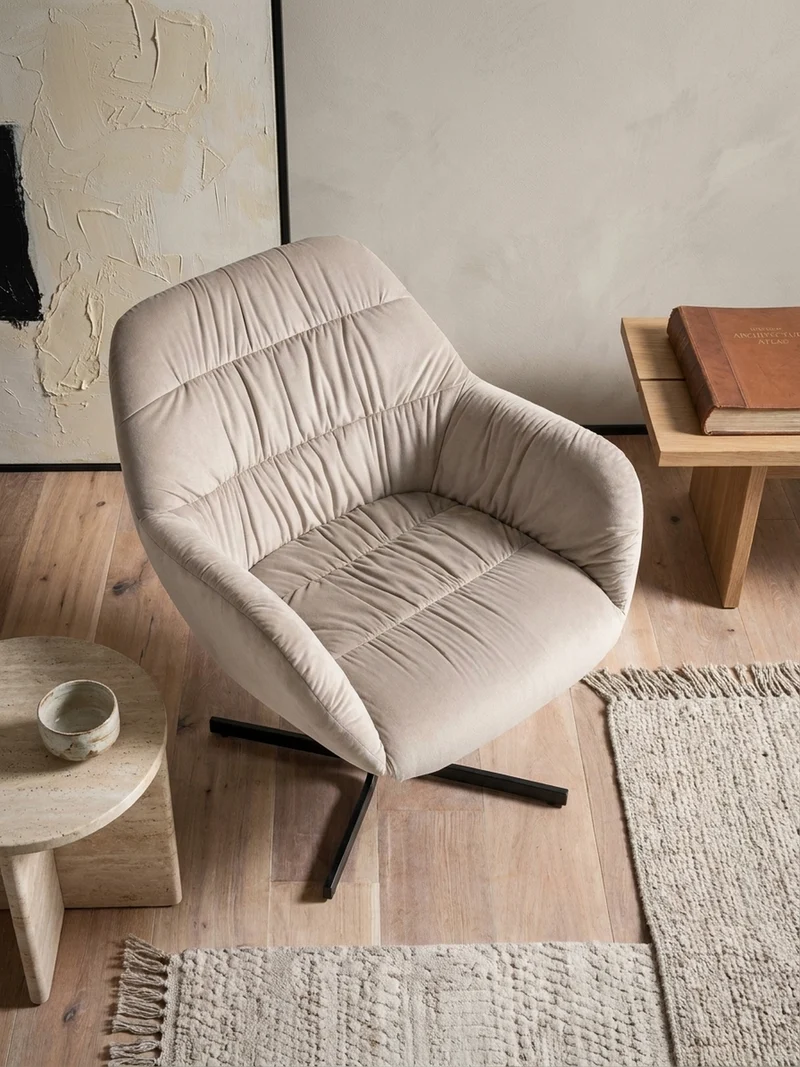 Loungesessel Samt mit Armlehnen und Metallgestell, gepolsterter Schalensitz, Beige 64x68x74 cm