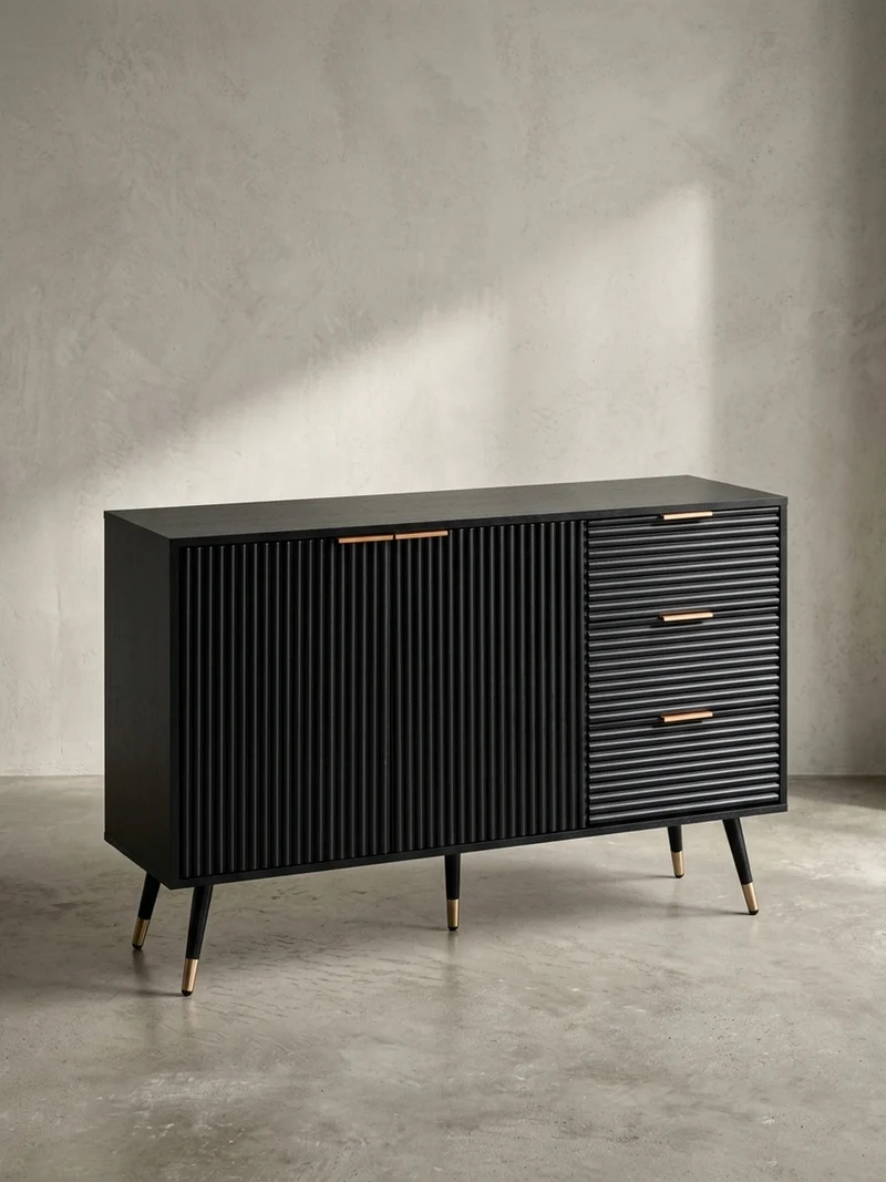 Sideboard – Schwarz/Eiche-Dekor, 120x80x40 cm, mit Türen und Schubladen, Metallbeine