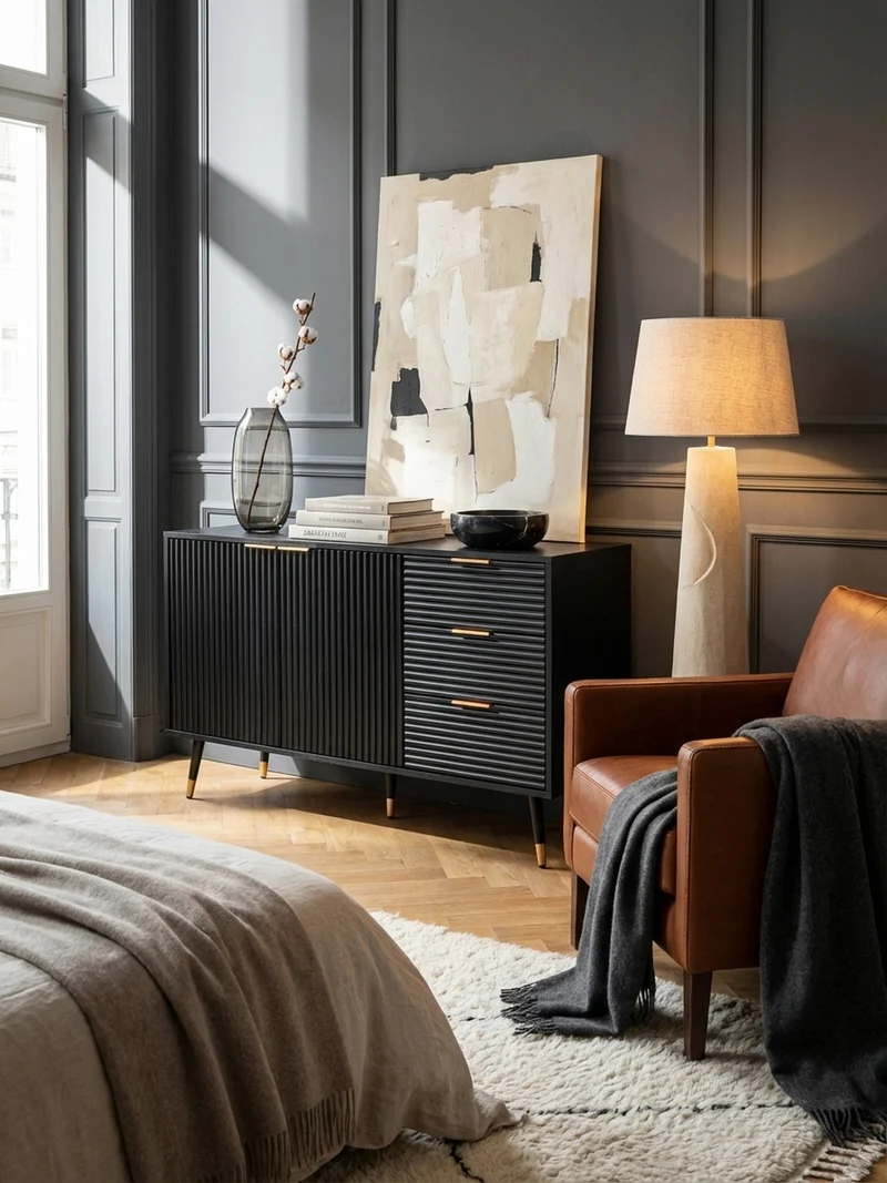 Sideboard – Schwarz/Eiche-Dekor, 120x80x40 cm, mit Türen und Schubladen, Metallbeine