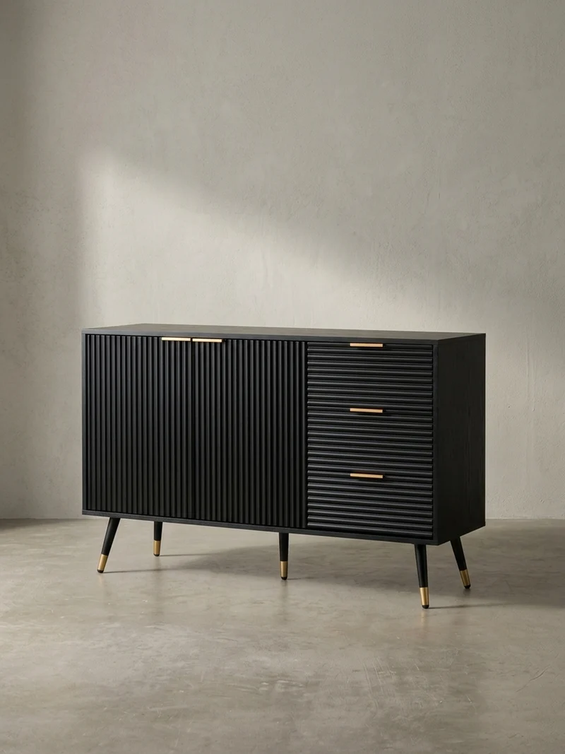 Sideboard – Schwarz/Eiche-Dekor, 120x80x40 cm, mit Türen und Schubladen, Metallbeine