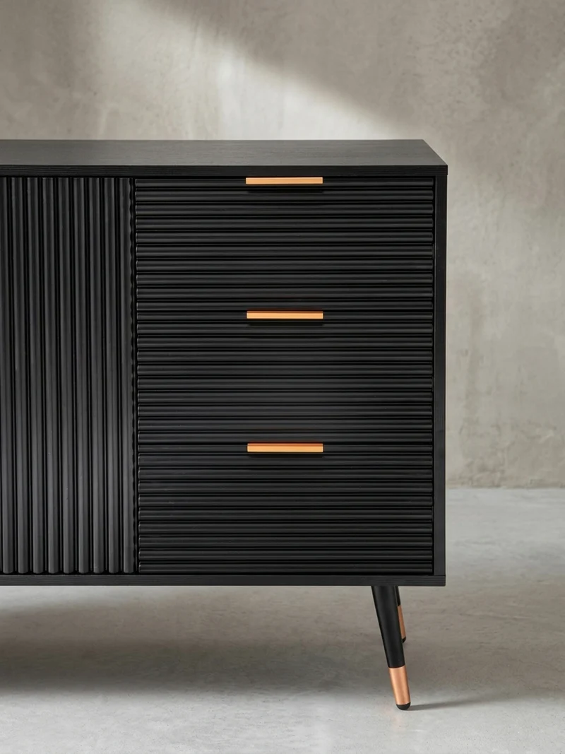 Sideboard – Schwarz/Eiche-Dekor, 120x80x40 cm, mit Türen und Schubladen, Metallbeine