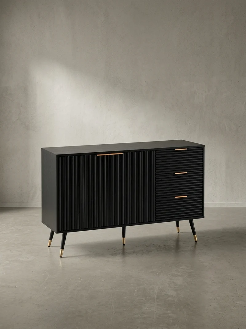 Sideboard – Schwarz/Eiche-Dekor, 120x80x40 cm, mit Türen und Schubladen, Metallbeine