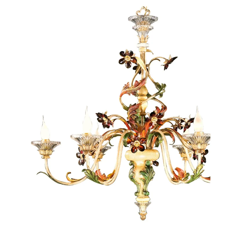 Casa Padrino Barock Kronleuchter Gelb Grün Rot Ø 90 x H. 85 cm 6-flammig - Handgefertigte Leuchte aus Italien - Barock Leuchten
